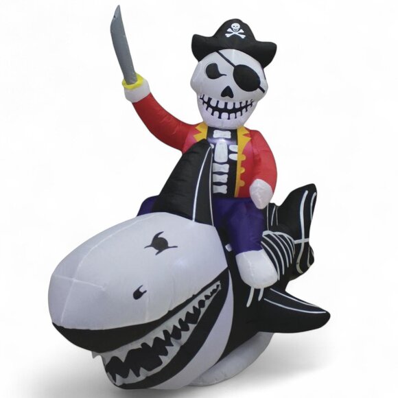 HUGE 8 FT Pirate Riding Skeleton Shark LED Inflatable Halloween Yard Prop NEW - Picture 7 of 7